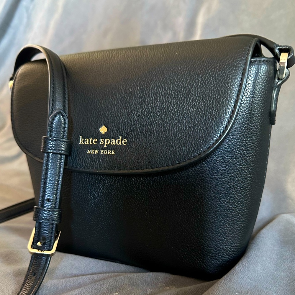 Kate Spade Cross Body Purse- Black Textured Leather with Gold- Excellent Cond
